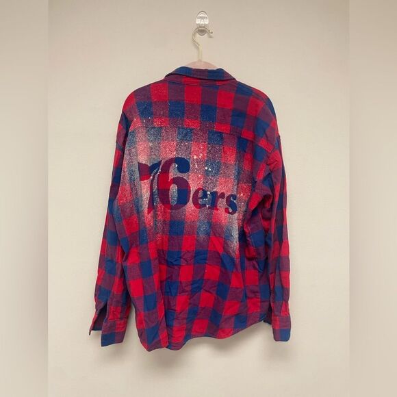 Bleached Red and Blue Plaid Philadelphia 76ers Logo and Patch Flannel - Picture 1 of 8